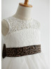 Ivory Lace Tulle Keyhole Back Cute Flower Girl Dress With Leopard Sash